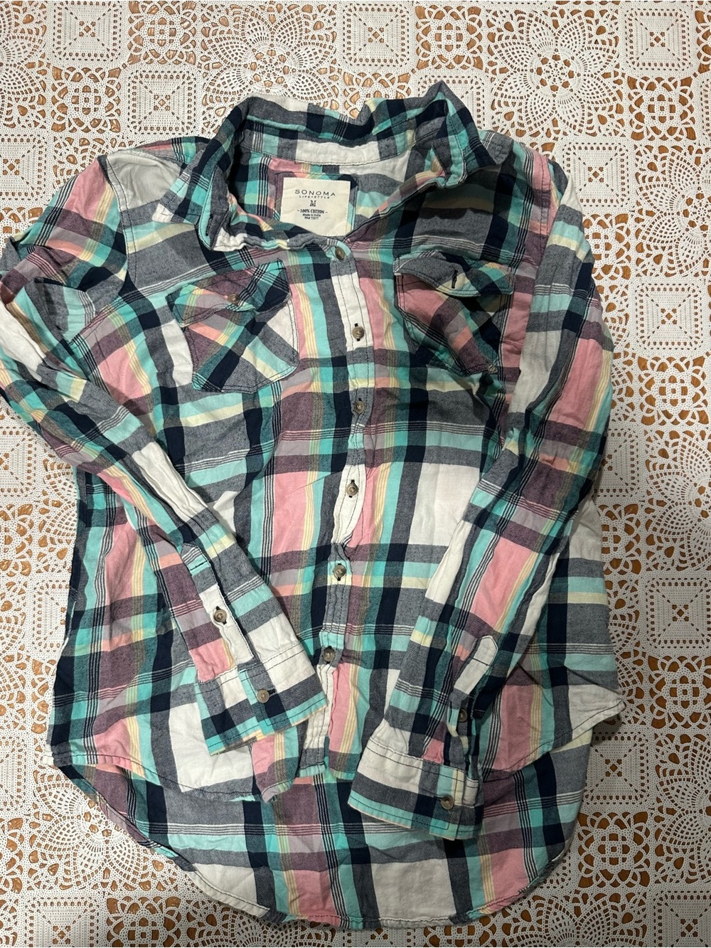 Sonoma Life + Style Plaid Button Down Shirt Pink Teal Navy Size M